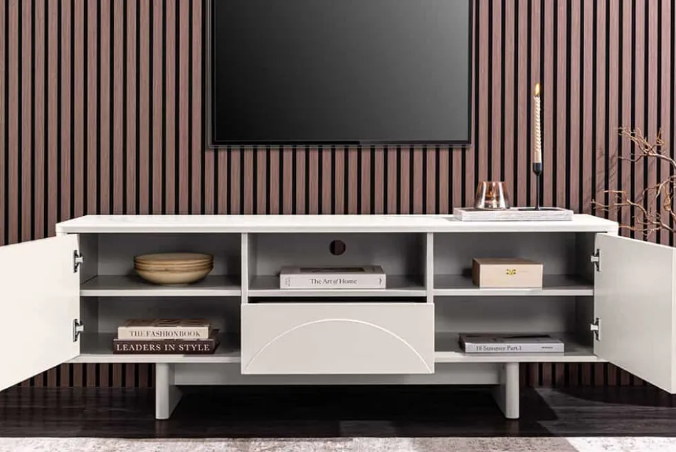 Design TV-Board SAVOY 150cm kaschmir weiß Marmor Keramik mit Stauraum und 3D-Front