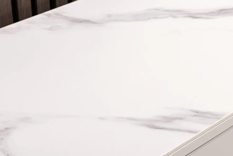 Design TV-Board SAVOY 150cm kaschmir weiß Marmor Keramik mit Stauraum und 3D-Front
