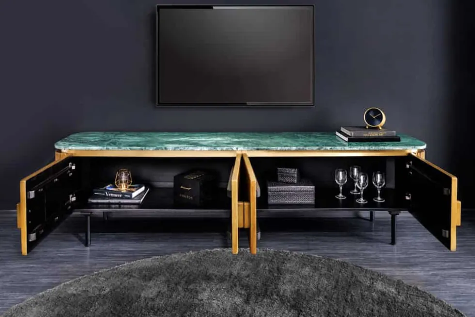 Design TV-Board VENEZIANO 160cm messing grün Marmorplatte Mangoholz Retro