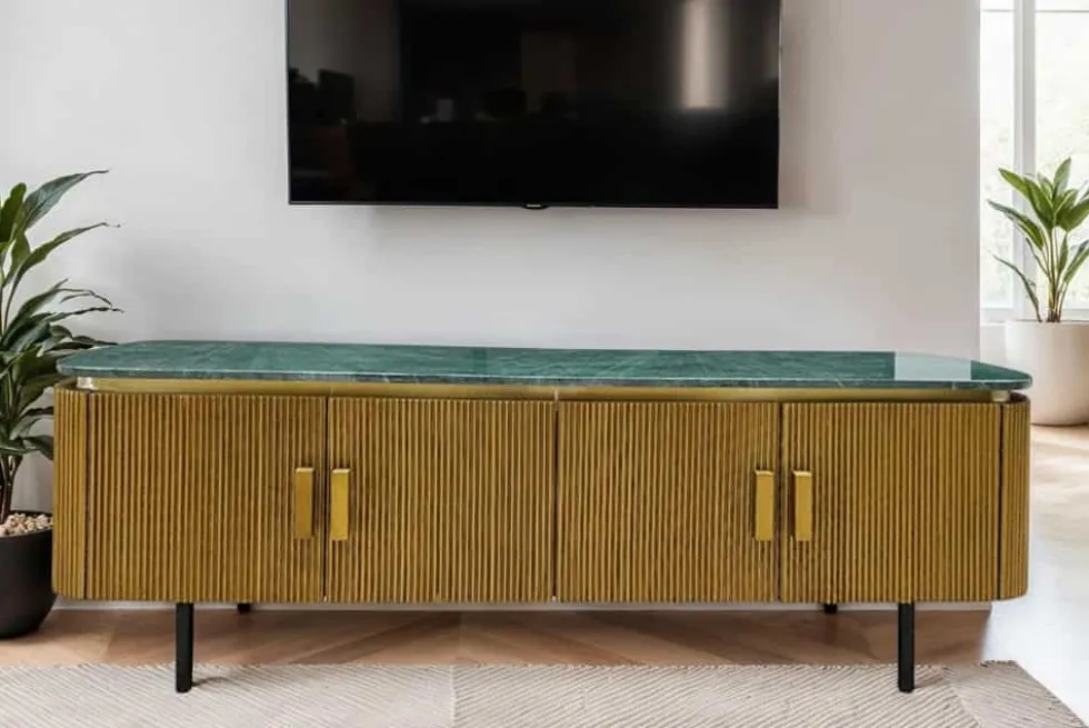 Design TV-Board VENEZIANO 160cm messing grün Marmorplatte Mangoholz Retro