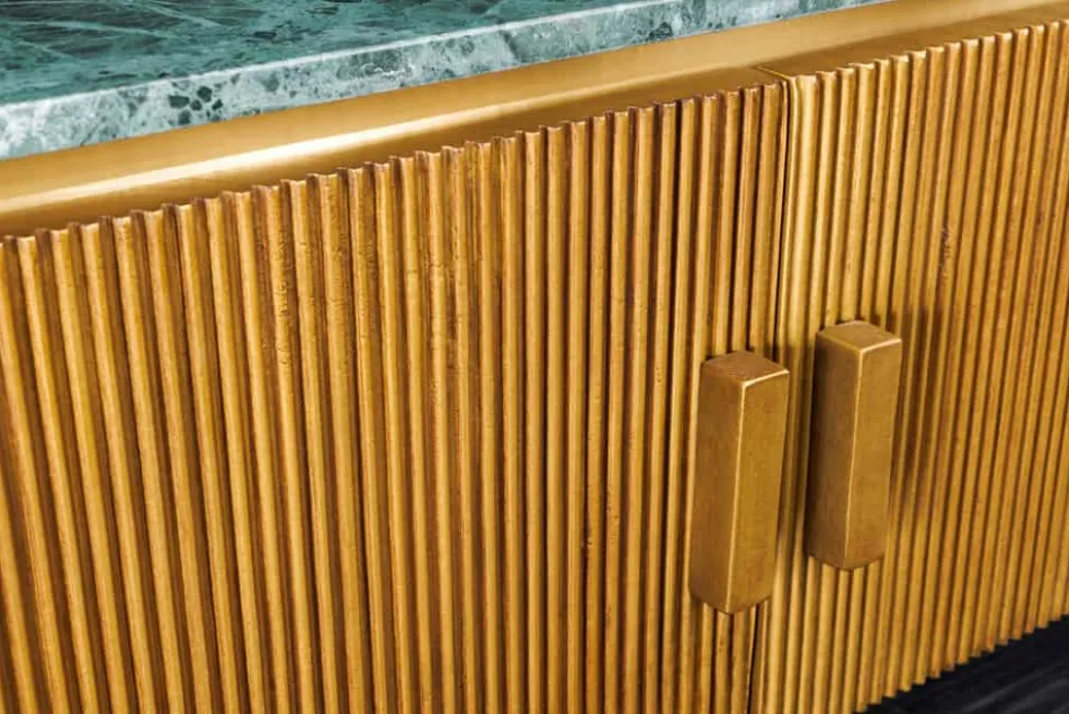 Design TV-Board VENEZIANO 160cm messing grün Marmorplatte Mangoholz Retro