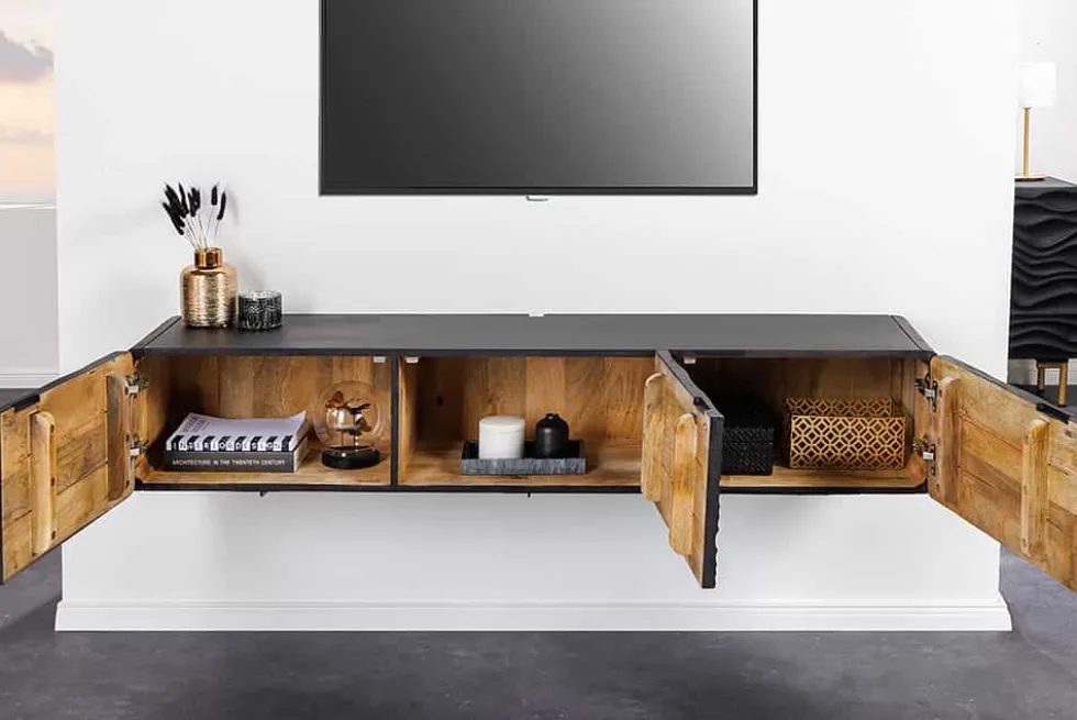 Design TV-Board WAVE 160cm schwarz Mangoholz mit 3D Schnitzereien hängend