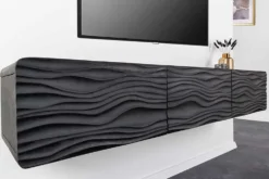Design TV-Board WAVE 160cm schwarz Mangoholz mit 3D Schnitzereien hängend