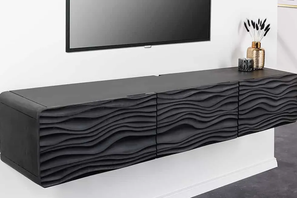 Design TV-Board WAVE 160cm schwarz Mangoholz mit 3D Schnitzereien hängend