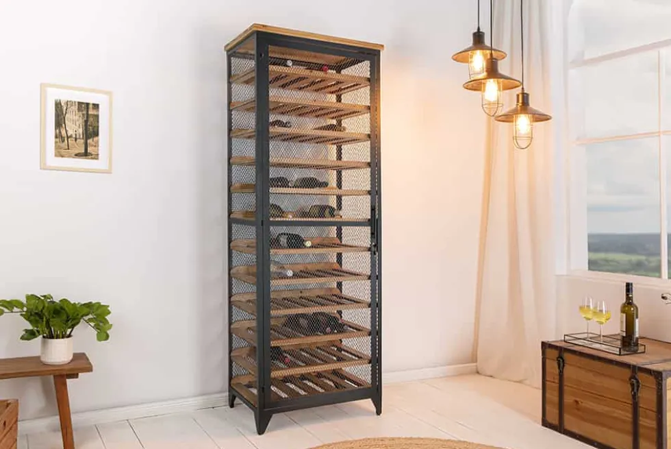 Design Weinschrank BODEGA 185cm natur schwarz Tannenholz Metall Flaschenregal
