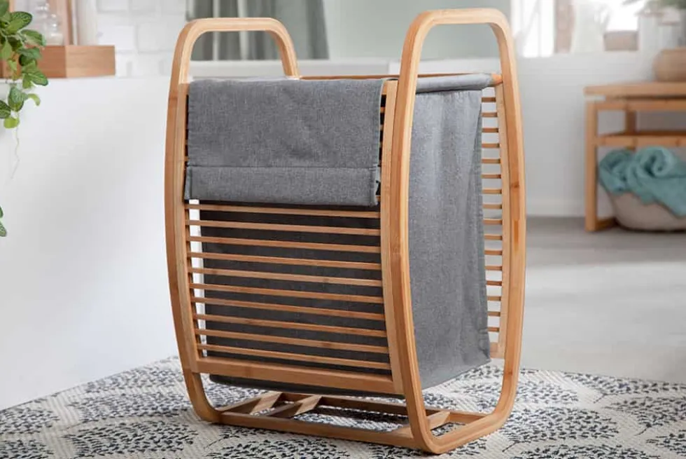 Design Wäschekorb LAGOON SPA 60cm grau Bambusholz Wäschesammler Badmöbel