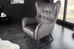 Design XL Sessel AMSTERDAM grau Samt schwarze Metallbeine Retro Stil