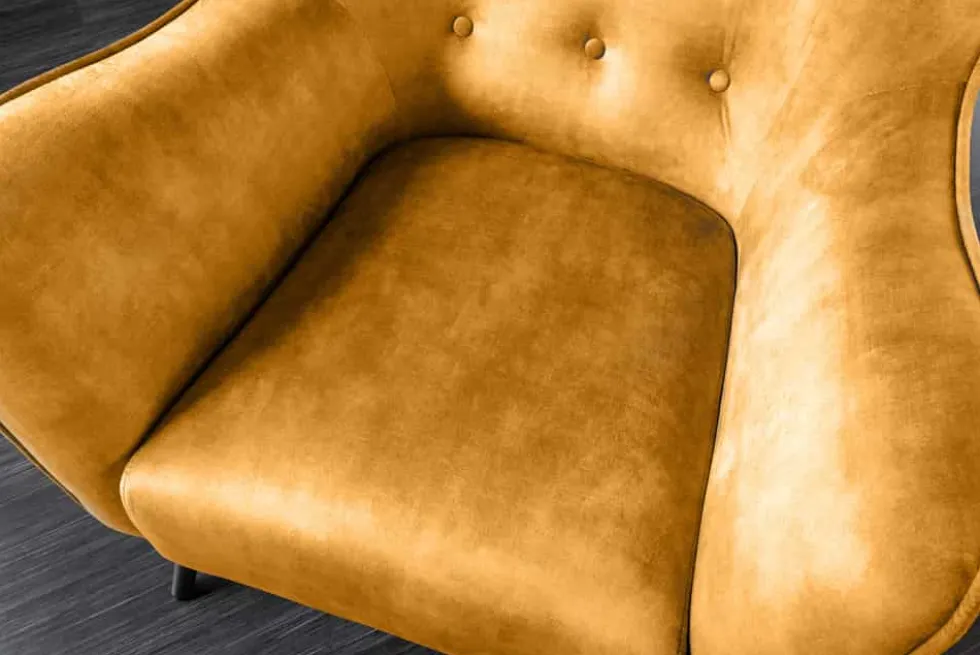 Design XL Sessel AMSTERDAM senfgelb Samt schwarze Metallbeine Retro Stil