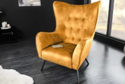Design XL Sessel AMSTERDAM senfgelb Samt schwarze Metallbeine Retro Stil