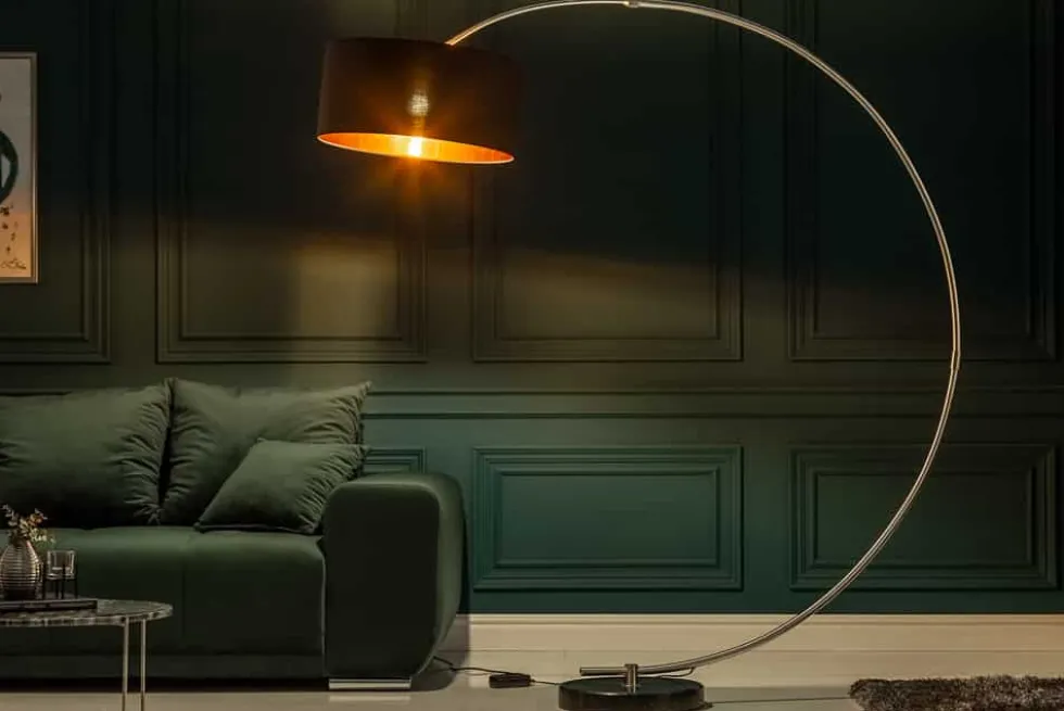 Dimmbare Bogenlampe PYTHON 190cm schwarz gold Retro Bogenleuchte