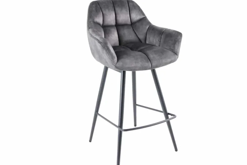 Drehbarer Barhocker PAPILLON grau Samt Barstuhl mit Lehne schwarze Metallbeine