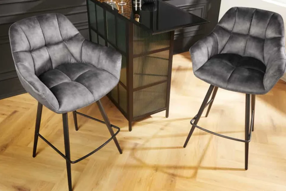 Drehbarer Barhocker PAPILLON grau Samt Barstuhl mit Lehne schwarze Metallbeine