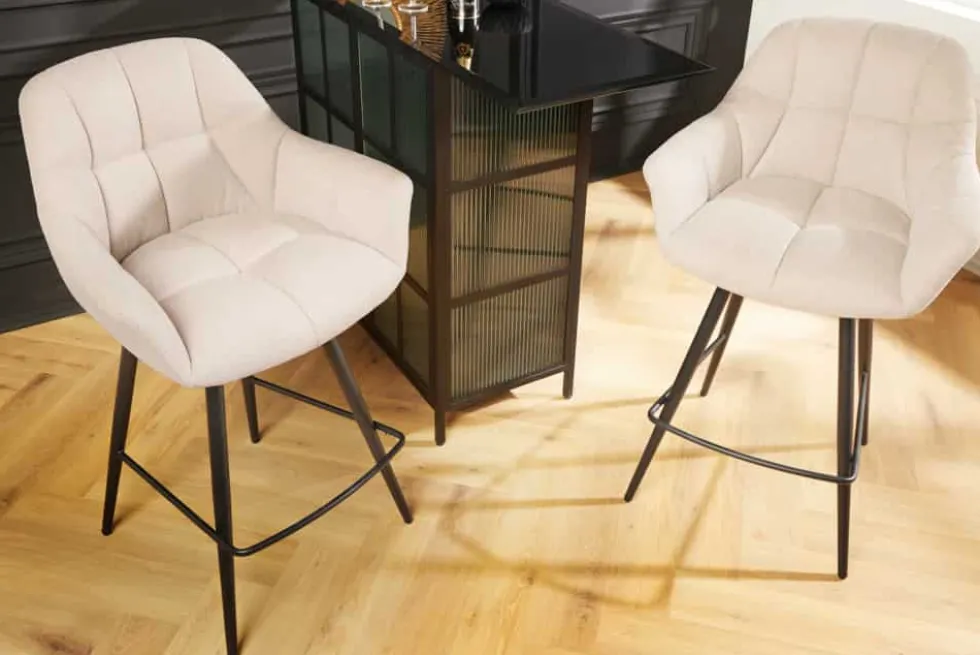 Drehbarer Barhocker PAPILLON champagner beige Barstuhl mit Lehne schwarze Metallbeine