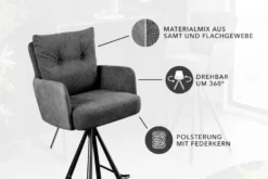 Drehbarer Design Barhocker BIG GEORGE anthrazit Samt Taschenfederkern mit Armlehnen