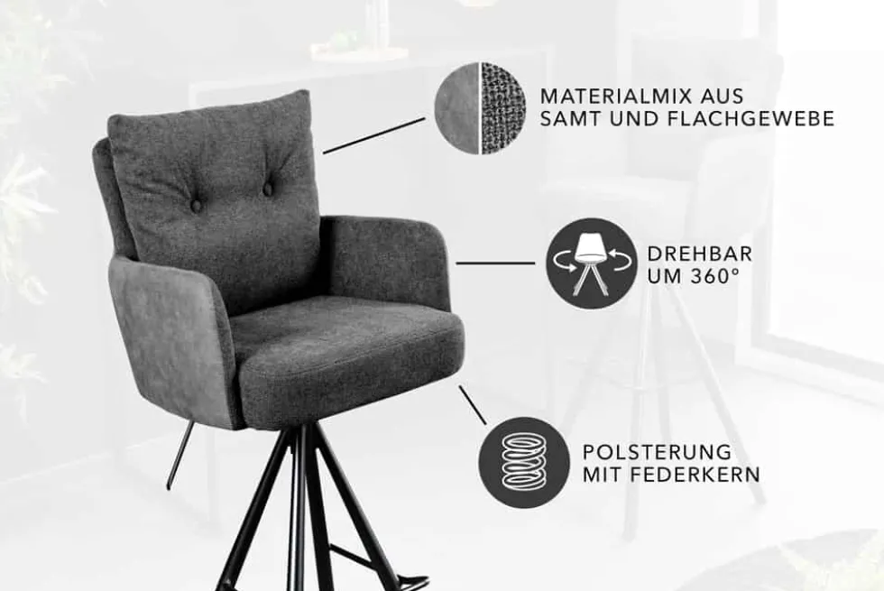 Drehbarer Design Barhocker BIG GEORGE anthrazit Samt Taschenfederkern mit Armlehnen