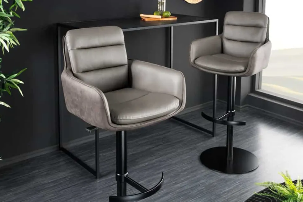 Drehbarer Design Barhocker BIG GEORGE taupe Echtleder Microfaser höhenverstellbar mit Armlehnen