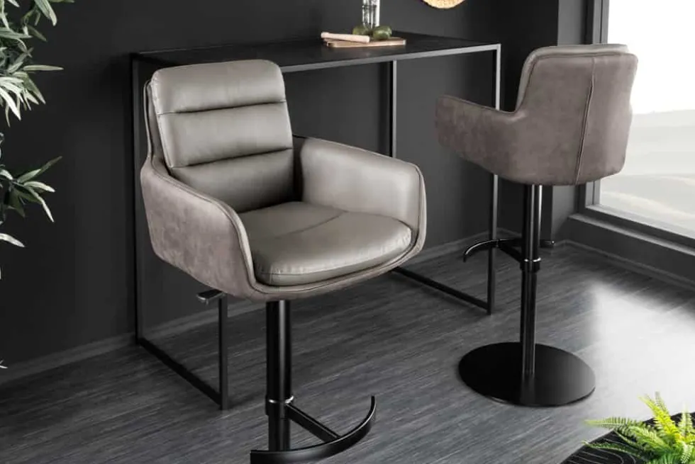Drehbarer Design Barhocker BIG GEORGE taupe Echtleder Microfaser höhenverstellbar mit Armlehnen