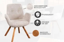 Drehbarer Design Stuhl BALTIC beige Bouclé natur Eiche Massivholz-Beine mit Armlehne