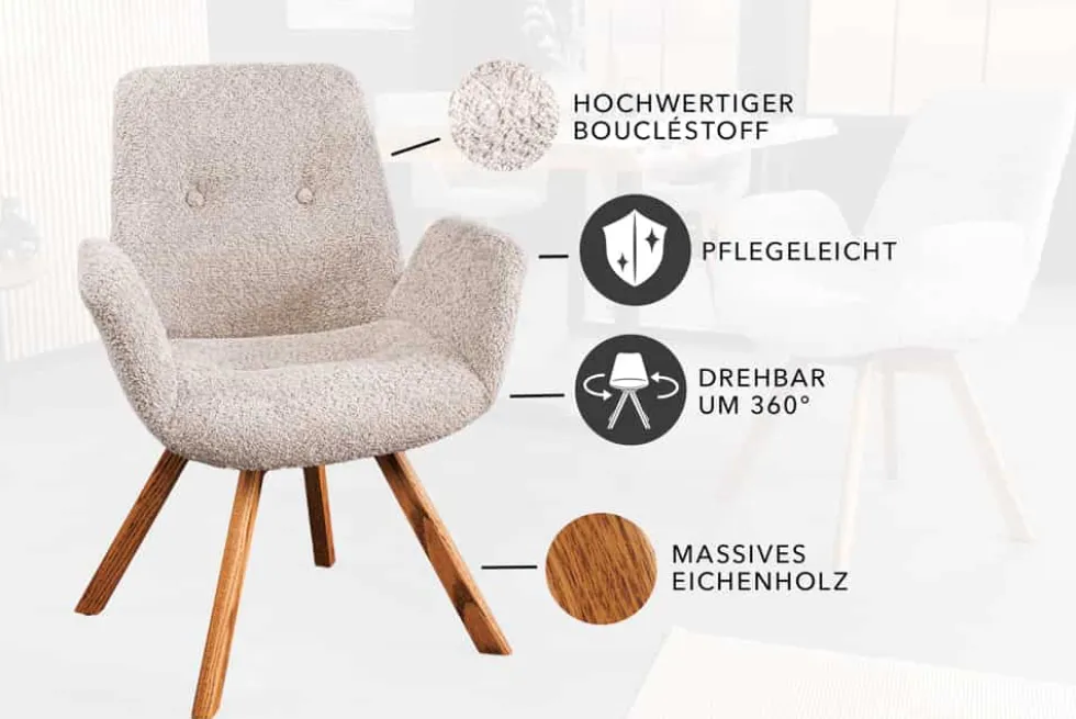 Drehbarer Design Stuhl BALTIC beige Bouclé natur Eiche Massivholz-Beine mit Armlehne