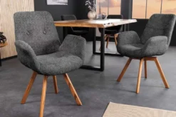 Drehbarer Design Stuhl BALTIC dunkelgrau Bouclé natur Eiche Massivholz mit Armlehne