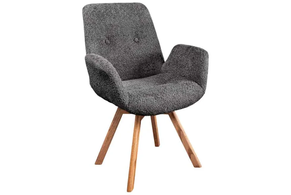 Drehbarer Design Stuhl BALTIC dunkelgrau Bouclé natur Eiche Massivholz mit Armlehne