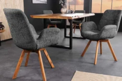 Drehbarer Design Stuhl BALTIC dunkelgrau Bouclé natur Eiche Massivholz mit Armlehne
