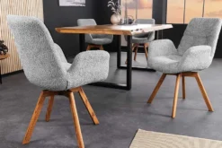 Drehbarer Design Stuhl BALTIC grau Bouclé natur Eiche Massivholz-Beine mit Armlehne