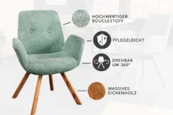 Drehbarer Design Stuhl BALTIC mint Bouclé natur Eiche Massivholz-Beine mit Armlehne