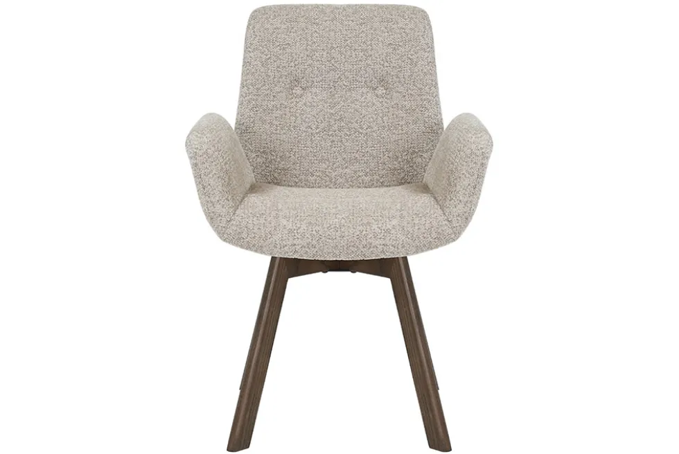 Drehbarer Design Stuhl BALTIC taupe Bouclé Tweed Soft Eiche Massivholz Walnuss