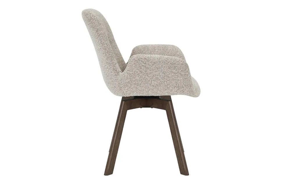 Drehbarer Design Stuhl BALTIC taupe Bouclé Tweed Soft Eiche Massivholz Walnuss