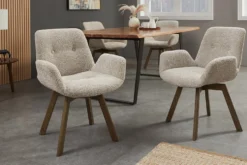 Drehbarer Design Stuhl BALTIC taupe Bouclé Tweed Soft Eiche Massivholz Walnuss