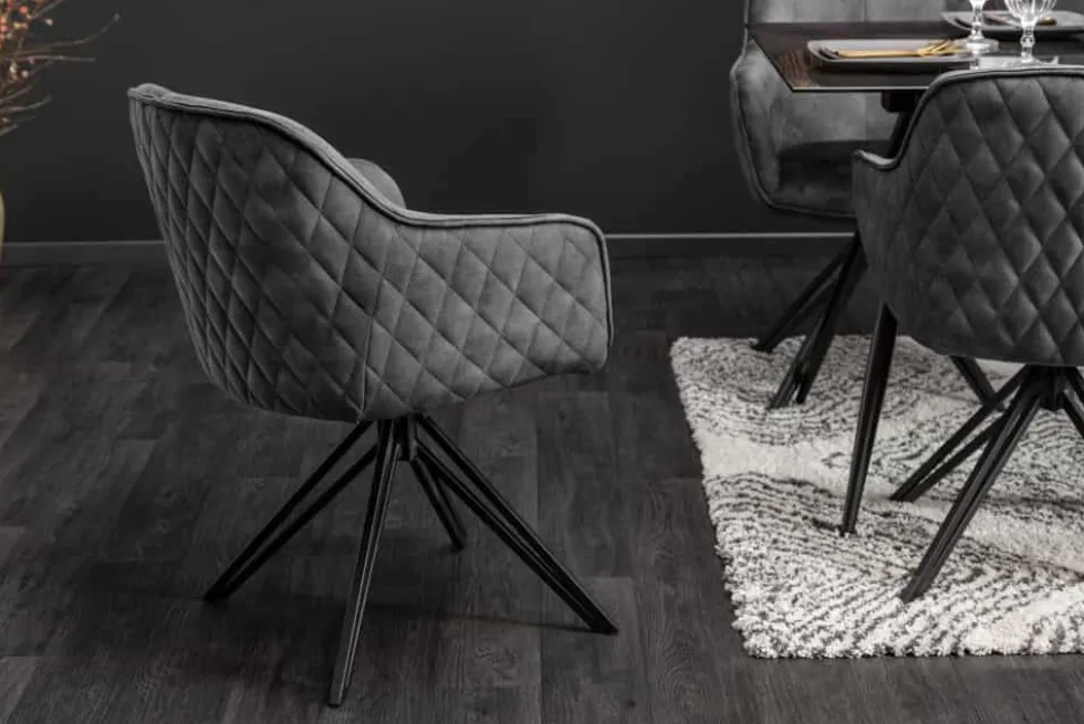 Drehbarer Design Stuhl EUPHORIA dunkelgrau Samt mit Armlehne Metallgestell schwarz
