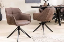 Drehbarer Design Stuhl EUPHORIA braun Echtleder schwarz Metallgestell mit Armlehne