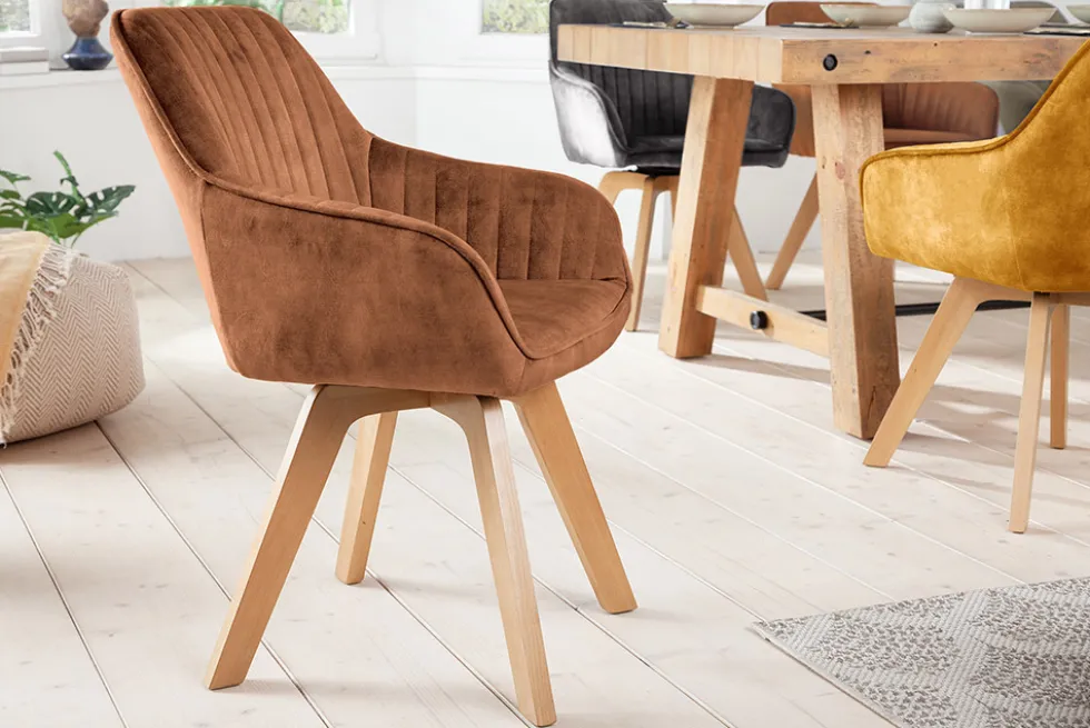 Drehbarer Design Stuhl LIVORNO rost braun Samt Buchenholz Beine mit Armlehnen