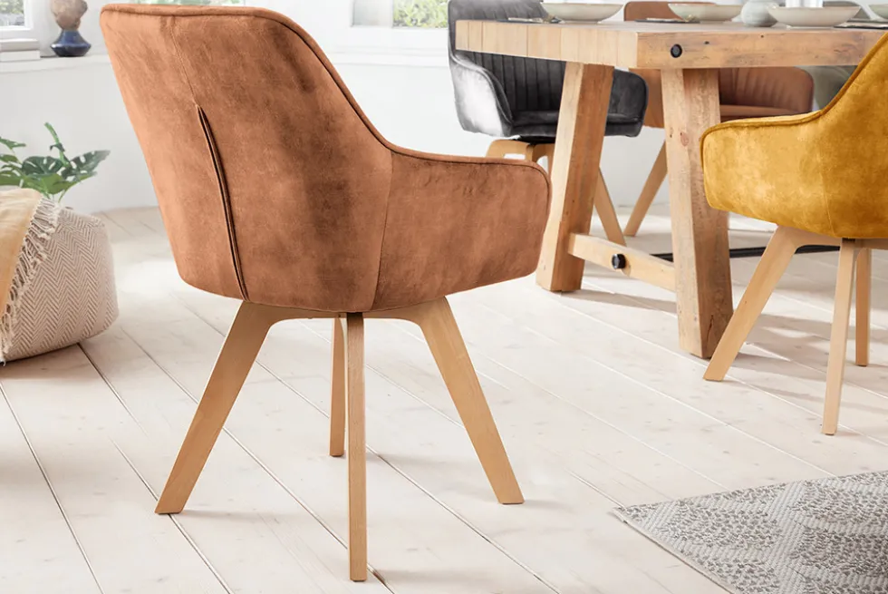 Drehbarer Design Stuhl LIVORNO rost braun Samt Buchenholz Beine mit Armlehnen