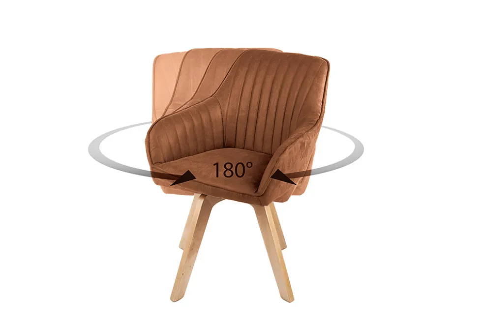 Drehbarer Design Stuhl LIVORNO rost braun Samt Buchenholz Beine mit Armlehnen