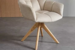 Drehbarer Design Stuhl PAPILLON beige Samt Eiche Massivholz mit Armlehnen