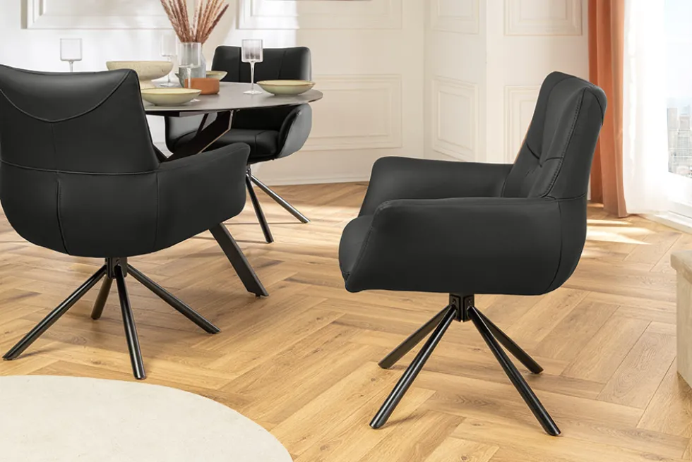Drehbarer Design Stuhl SIGNATURE schwarz Echtleder 360° Taschenfederkern Metall