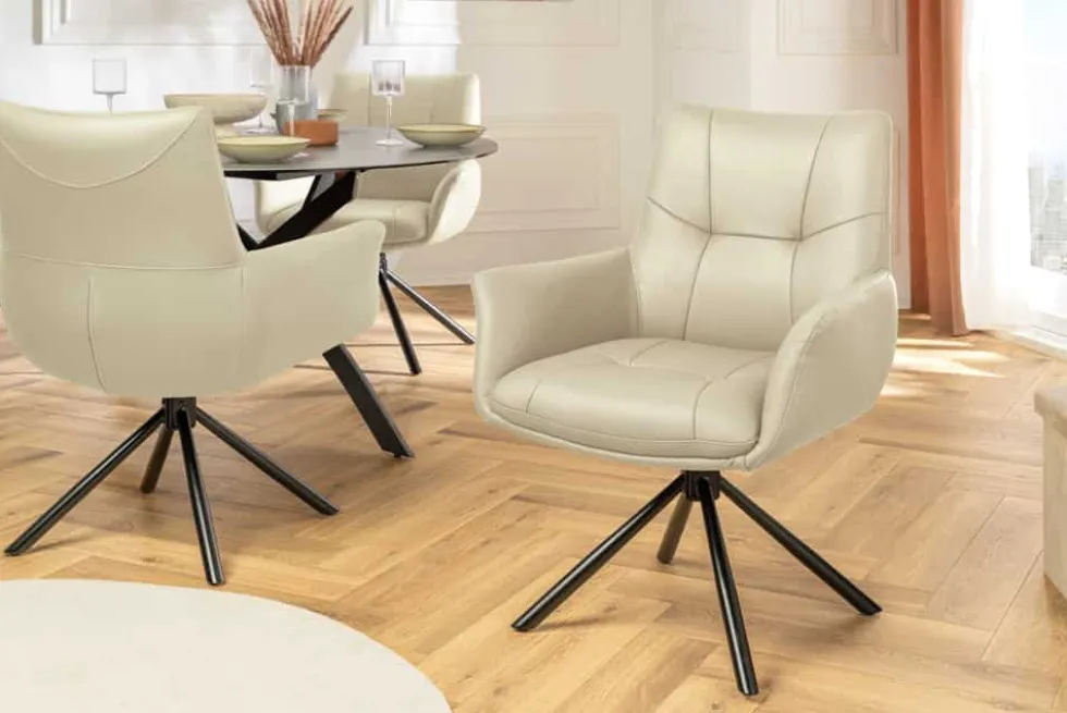 Drehbarer Design Stuhl SIGNATURE beige Echtleder 360° Taschenfederkern schwarz Metall