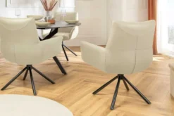 Drehbarer Design Stuhl SIGNATURE beige Echtleder 360° Taschenfederkern schwarz Metall