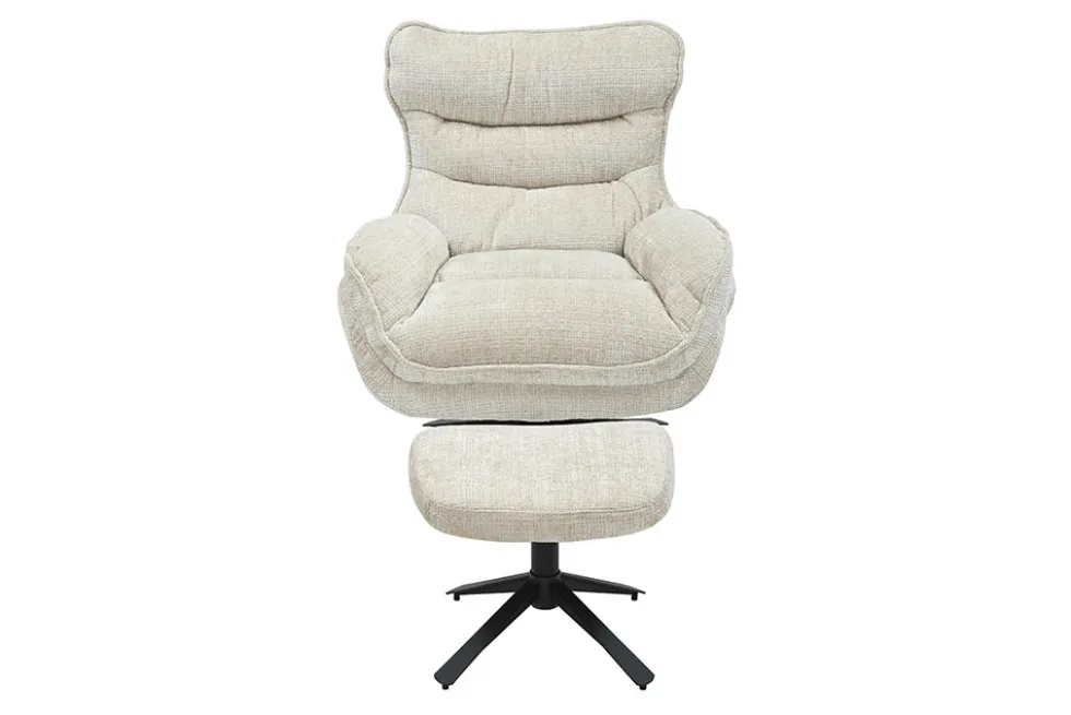 Drehbarer Hocker CLOUD champagner beige Chenillestoff schwarz Metall Fußhocker
