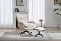 Drehbarer Hocker CLOUD champagner beige Chenillestoff schwarz Metall Fußhocker