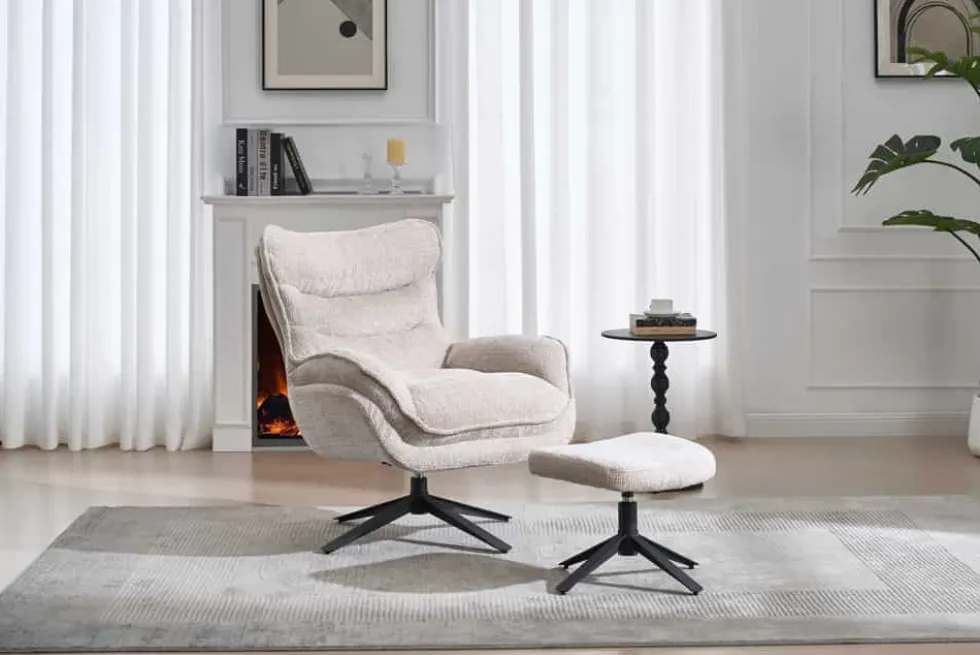 Drehbarer Hocker CLOUD champagner beige Chenillestoff schwarz Metall Fußhocker