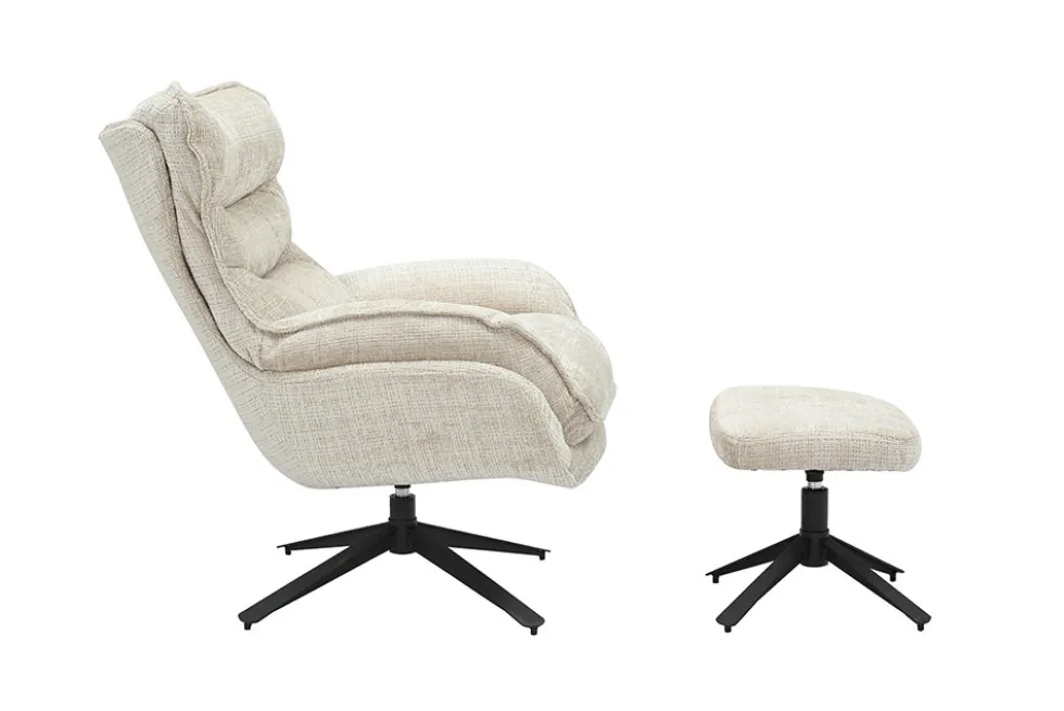 Drehbarer Hocker CLOUD champagner beige Chenillestoff schwarz Metall Fußhocker