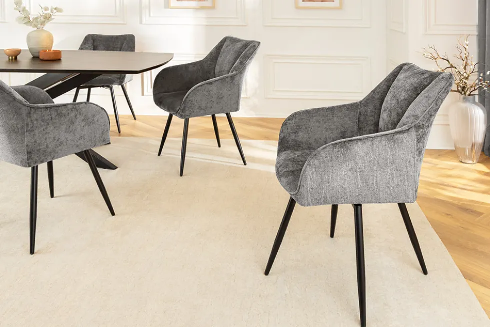 Drehbarer Retro Stuhl AVIGNON grau Chenille schwarze Metallbeine