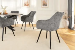 Drehbarer Retro Stuhl AVIGNON grau Chenille schwarze Metallbeine