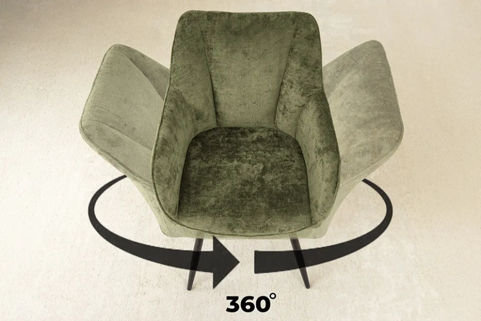 Drehbarer Retro Stuhl AVIGNON grün Chenille schwarze Metallbeine
