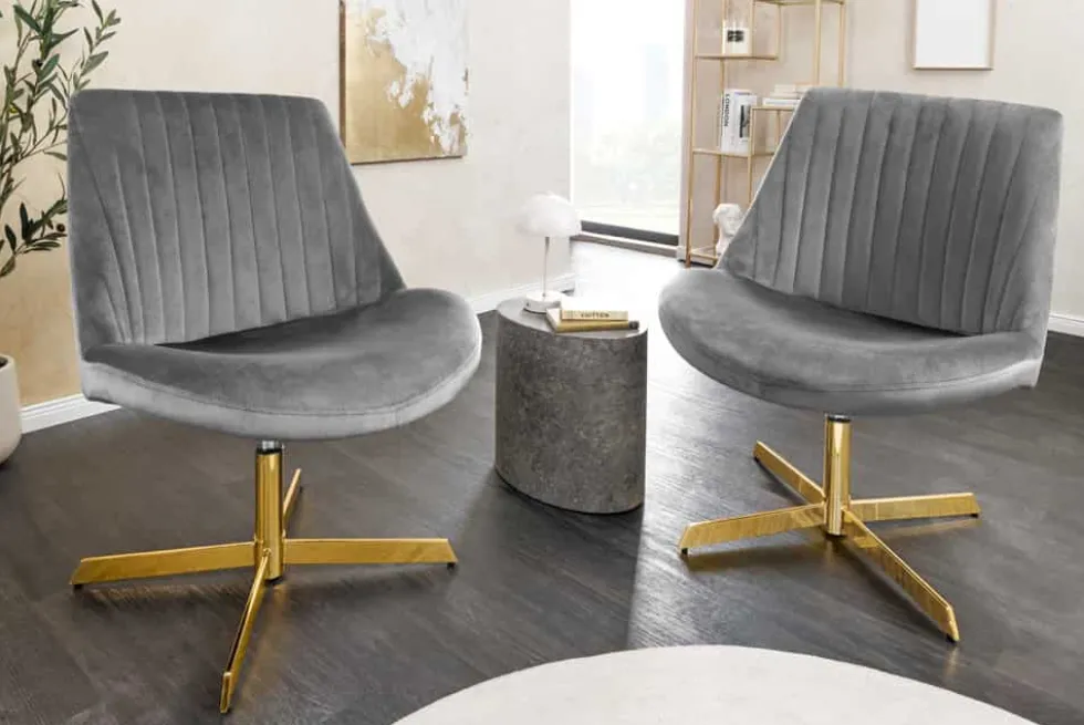 Drehbarer Sessel LOUNGER grau gold Samt Modern Design