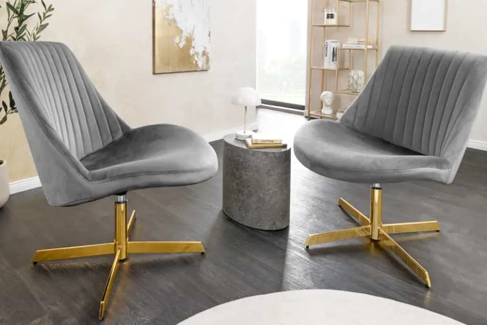 Drehbarer Sessel LOUNGER grau gold Samt Modern Design