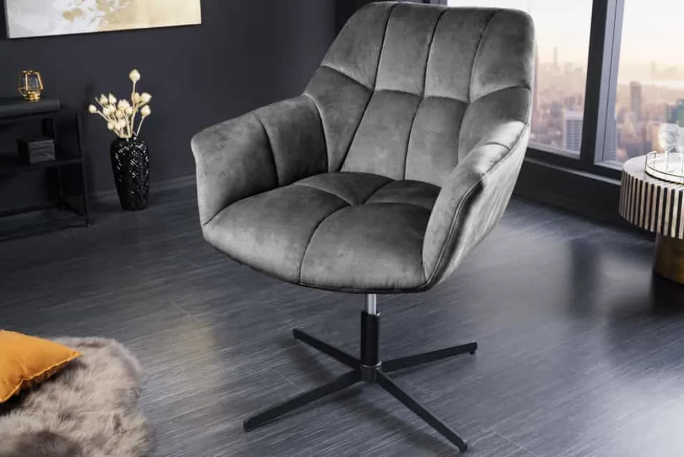 Drehbarer Sessel PAPILLON grau Samt schwarz Metall höhenverstellbar mit Armlehne